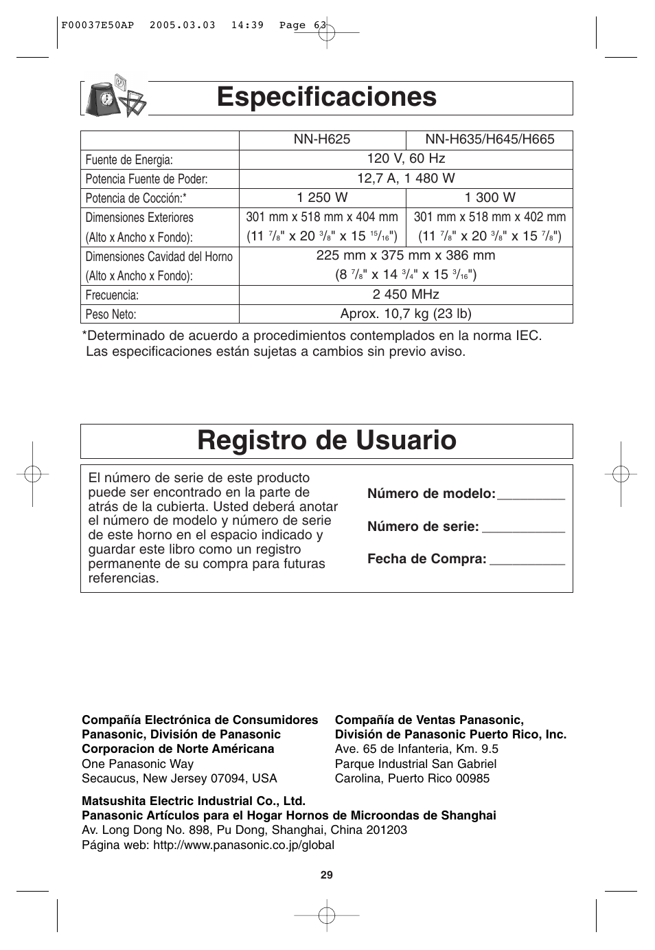 Especificaciones, Registro del usuario, Registro de usuario | Panasonic H665 User Manual | Page 63 / 64