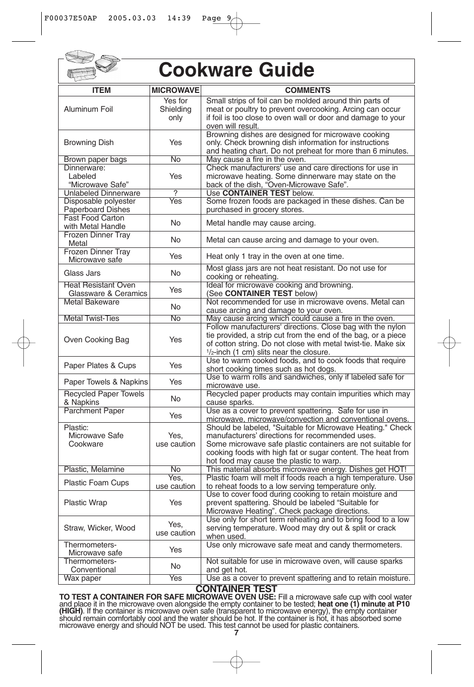 General information, Cookware guide, Container test | Panasonic H665 User Manual | Page 9 / 64
