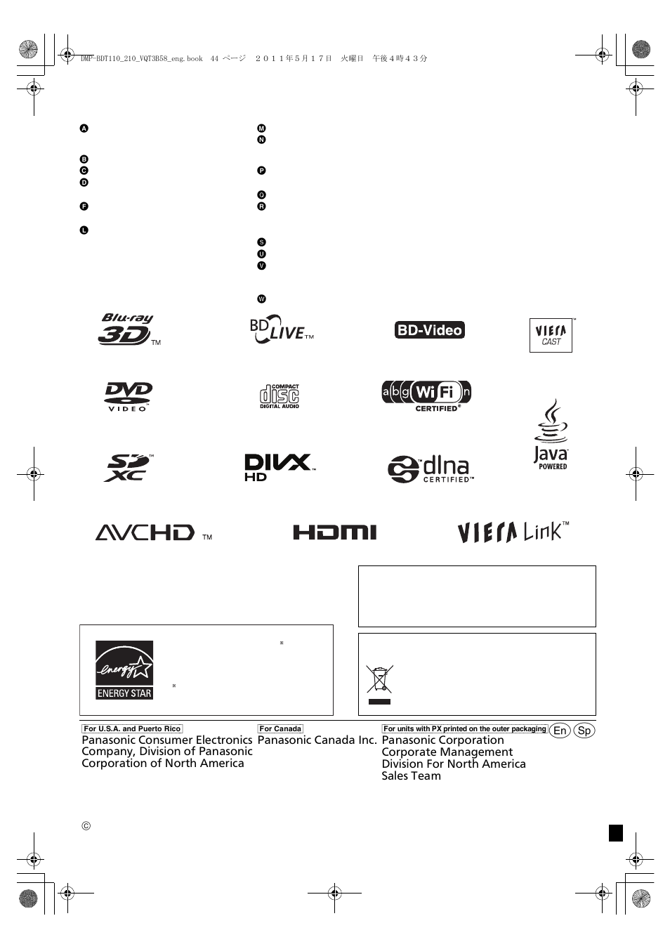 Index | Panasonic DMP-BDT215 User Manual | Page 44 / 44