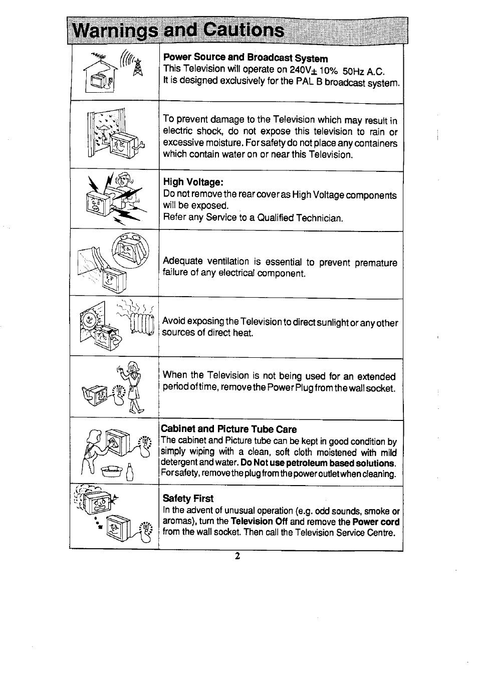 Power source and broadcast system, High voltage, Cabinet and picture tube care | Safety first | Panasonic TC-59R62 User Manual | Page 2 / 18
