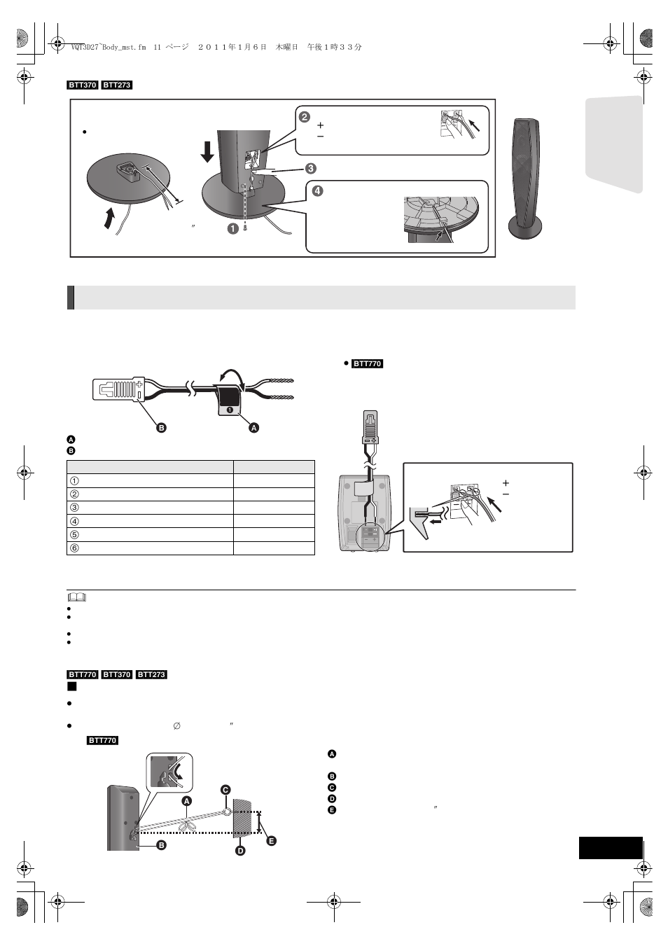 Preparing cables and making connection, Preventing the speakers from falling | Panasonic SC-BTT370 User Manual | Page 11 / 52