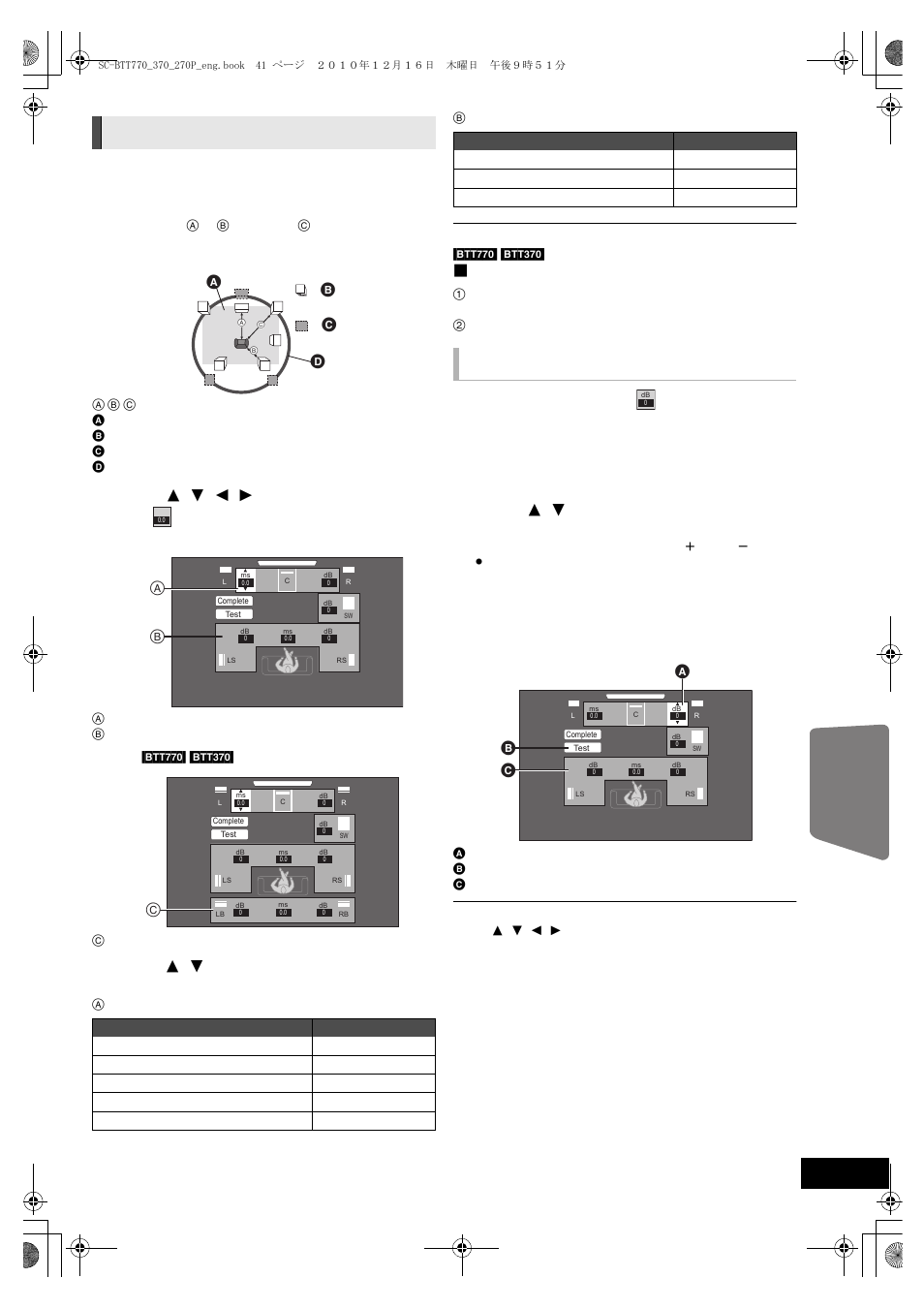 Speaker settings, Adjusting speaker level, When using the 7.1ch speaker system | Select “test” and press [ok, Press [ok, Ab c d, Advanced operations, Delay time, Volume (channel balance) ( ) | Panasonic SC-BTT370 User Manual | Page 41 / 52