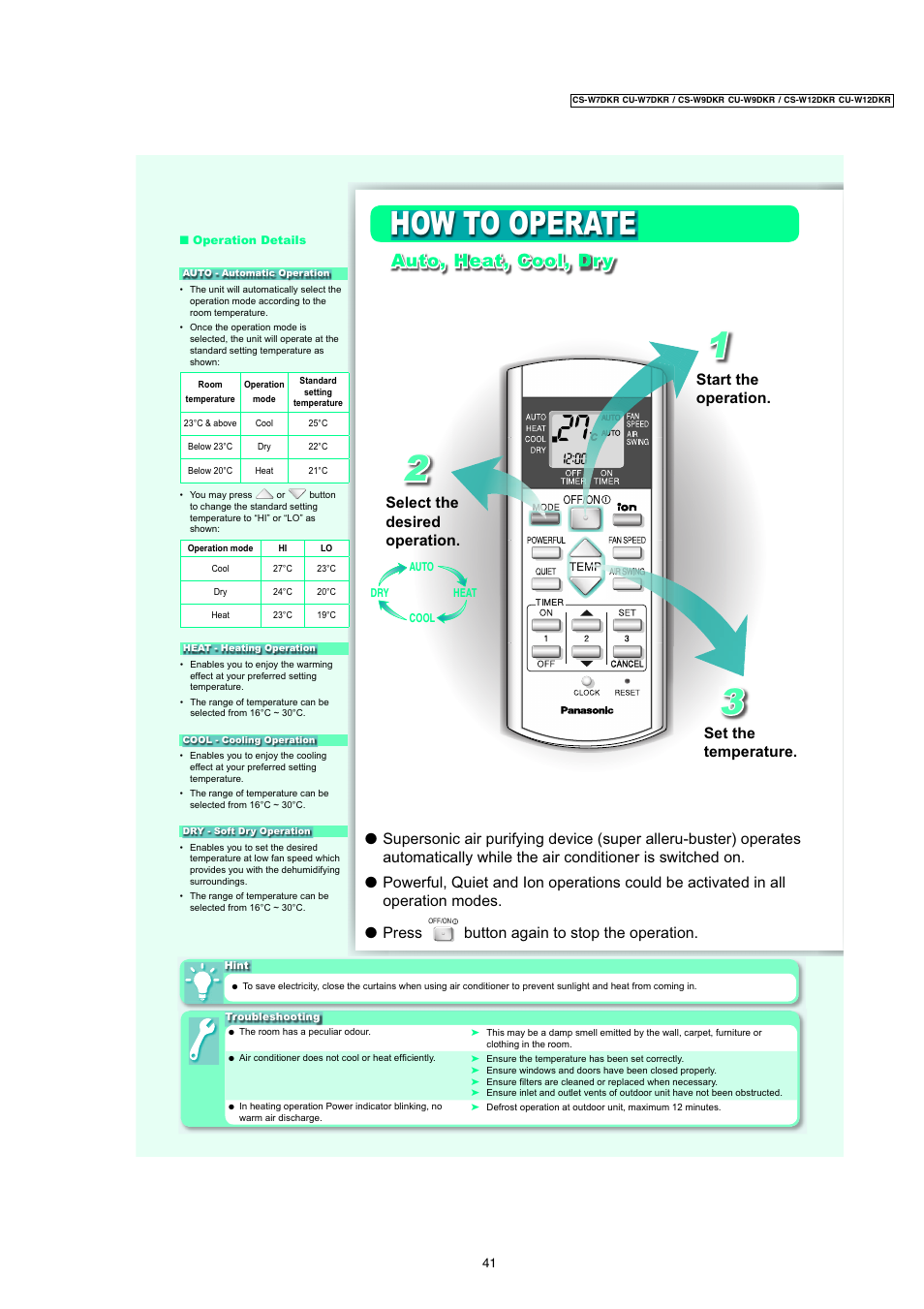 How to operate, Dauto, heat, cool, dr y, Button again to stop the operation | Select the desired operation, Set the temperature. start the operation | Panasonic CU-W7DKR User Manual | Page 3 / 6