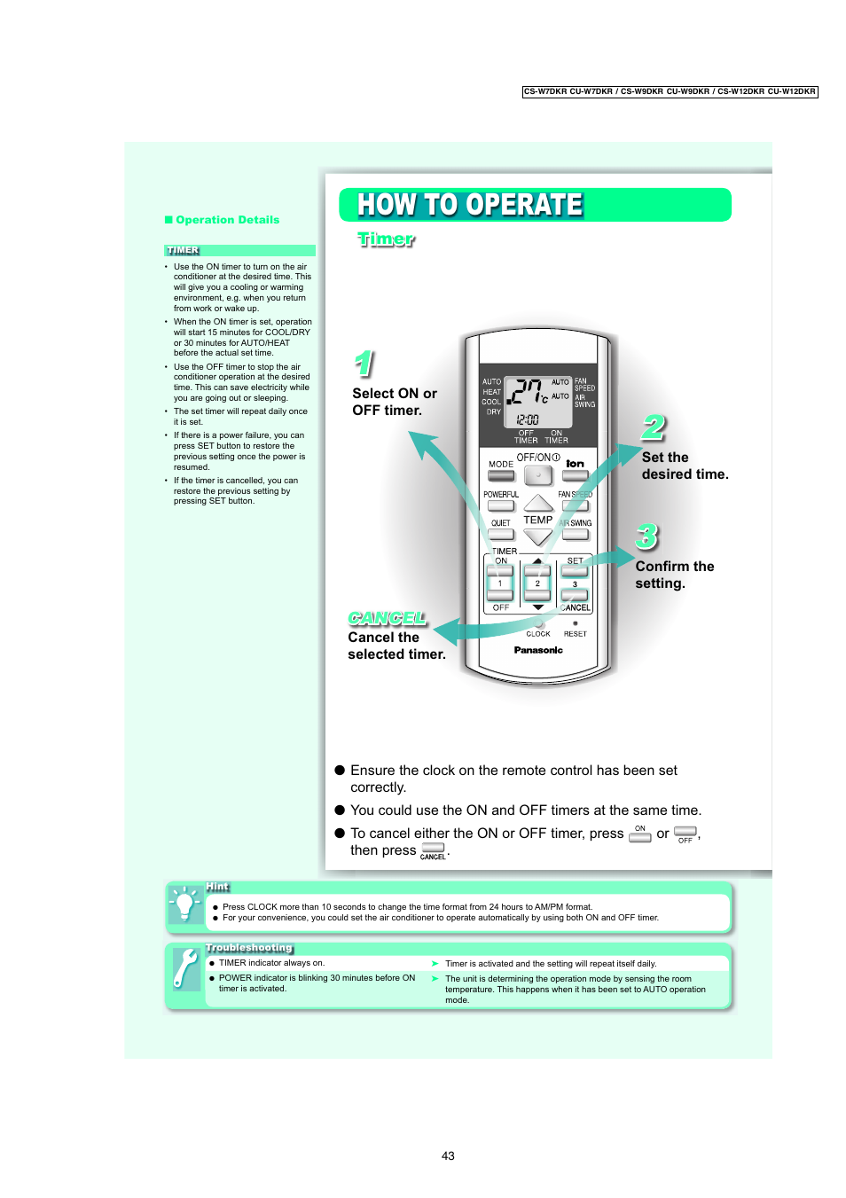 How to operate, Timer, Cancel | Panasonic CU-W7DKR User Manual | Page 5 / 6