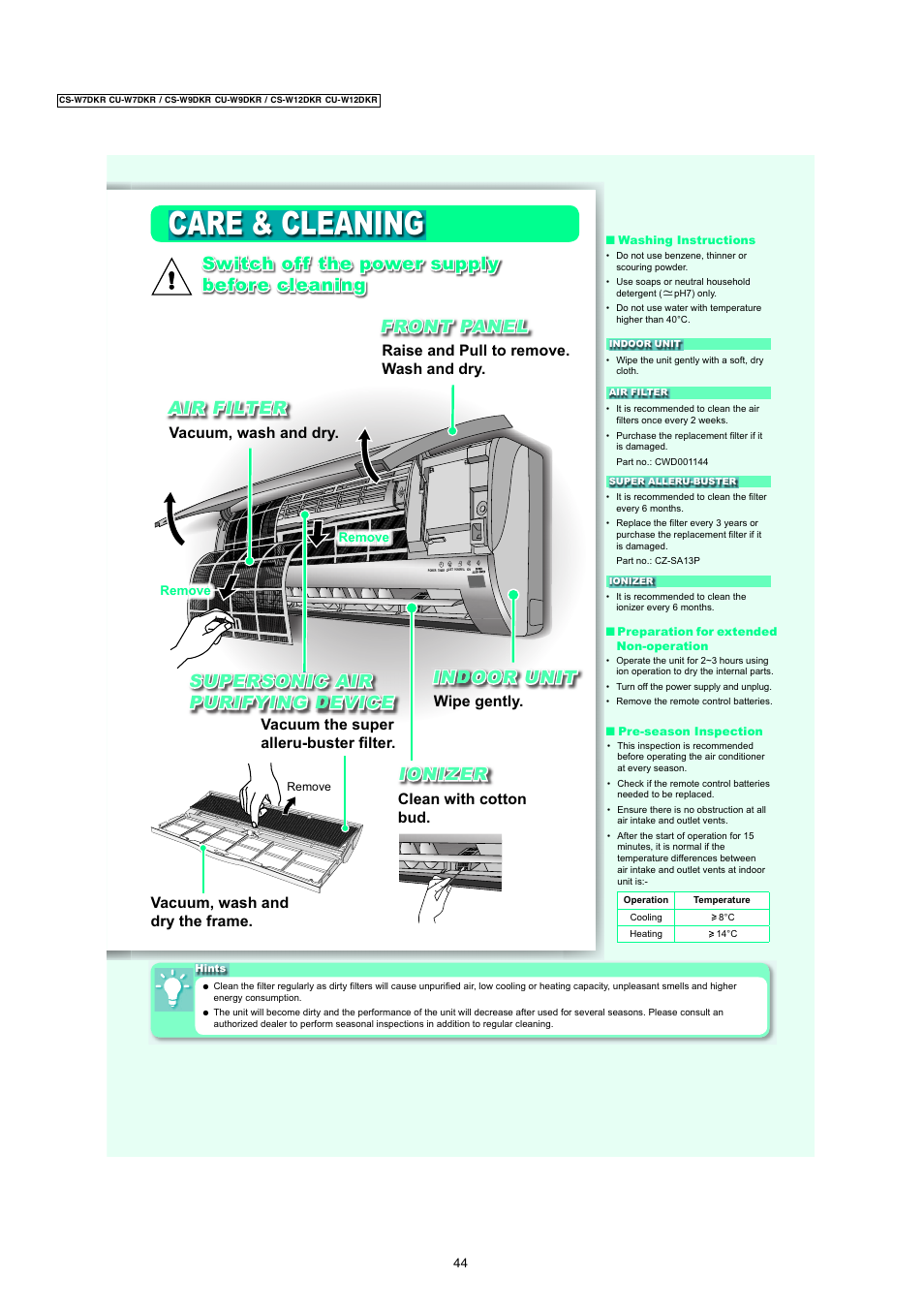Care & cleaning, Switch off the power supply before cleaning, Front panel | Dindoor unit, Air filter supersonic air d purifying device, Ionizer, Raise and pull to remove. wash and dry, Wipe gently, Vacuum, wash and dry, Clean with cotton bud | Panasonic CU-W7DKR User Manual | Page 6 / 6