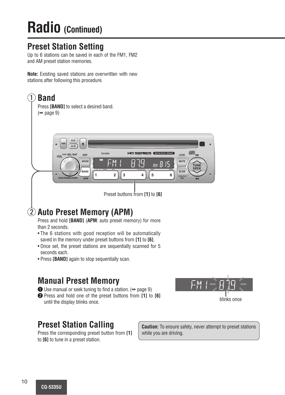 Radio, Continued), Preset station setting | Band, Preset station calling | Panasonic CQ-5335U User Manual | Page 10 / 32