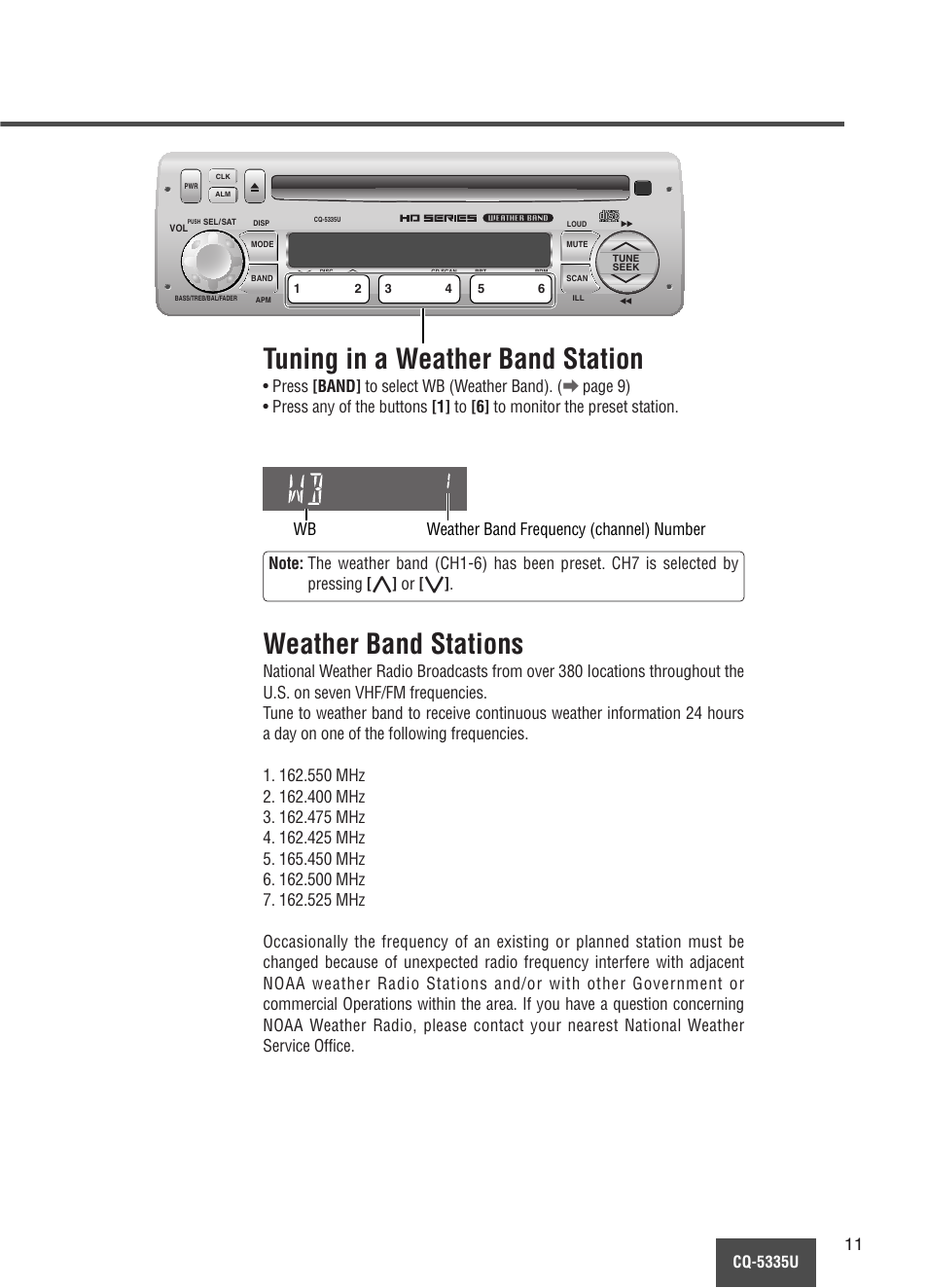 Tuning in a weather band station, Weather band stations, Cq-5335u | Panasonic CQ-5335U User Manual | Page 11 / 32