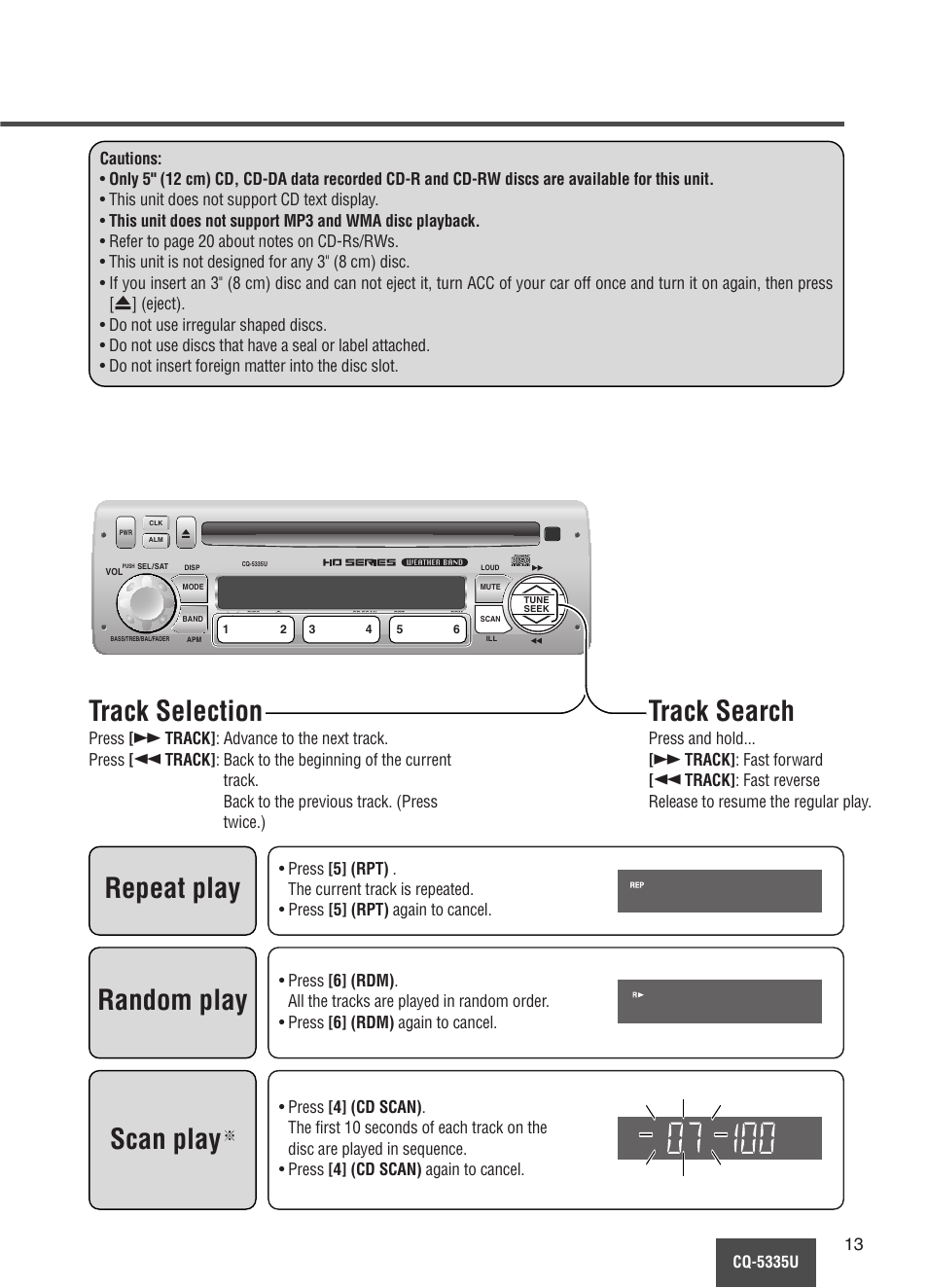 Track search, Track selection, Repeat play | Random play, Scan play | Panasonic CQ-5335U User Manual | Page 13 / 32