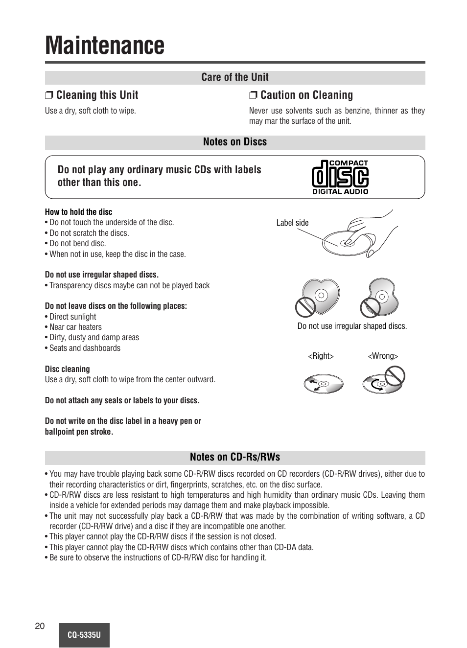 Maintenance, Cleaning this unit, Caution on cleaning | Panasonic CQ-5335U User Manual | Page 20 / 32