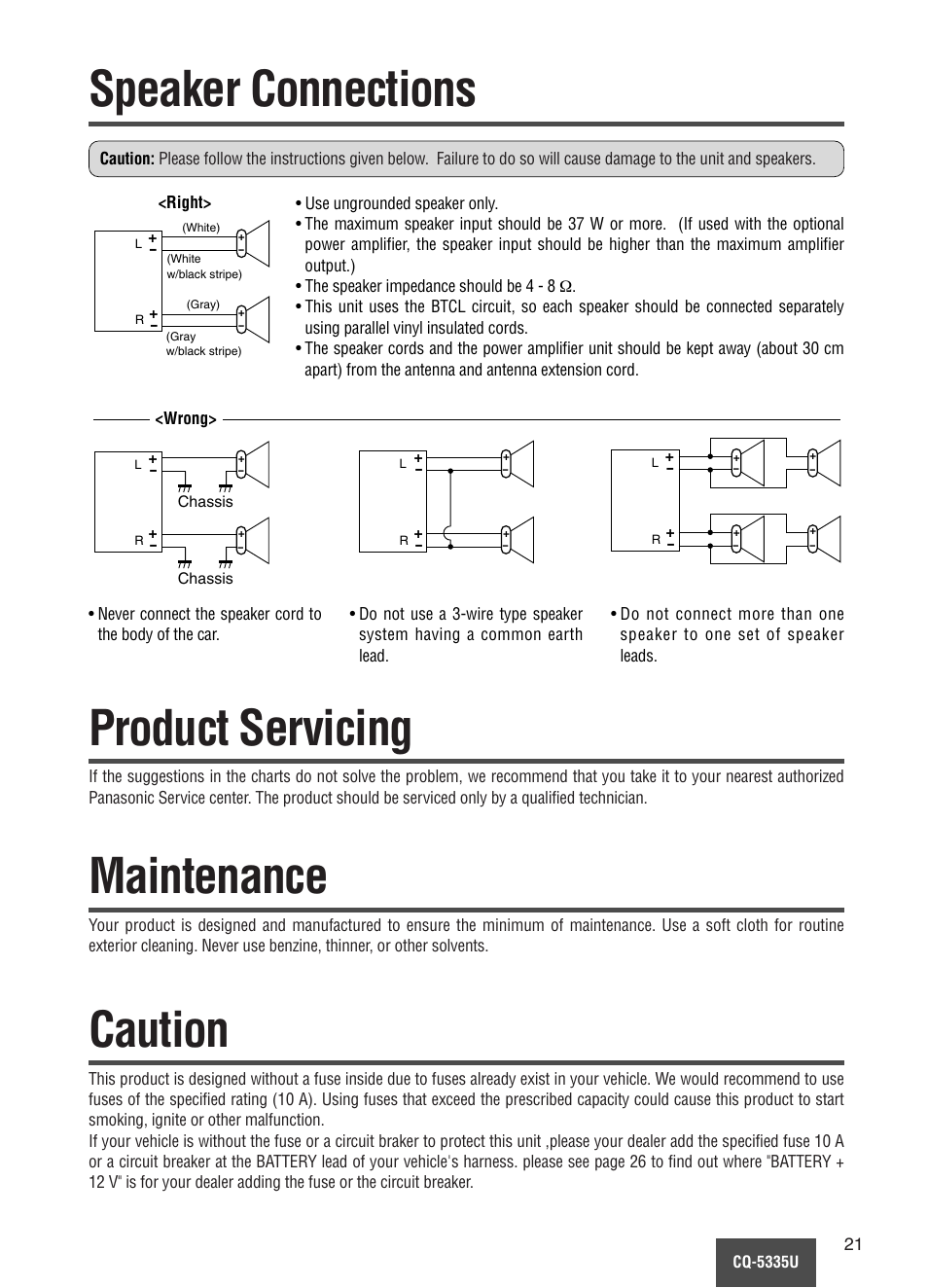 Speaker connections, Product servicing, Maintenance | Caution | Panasonic CQ-5335U User Manual | Page 21 / 32
