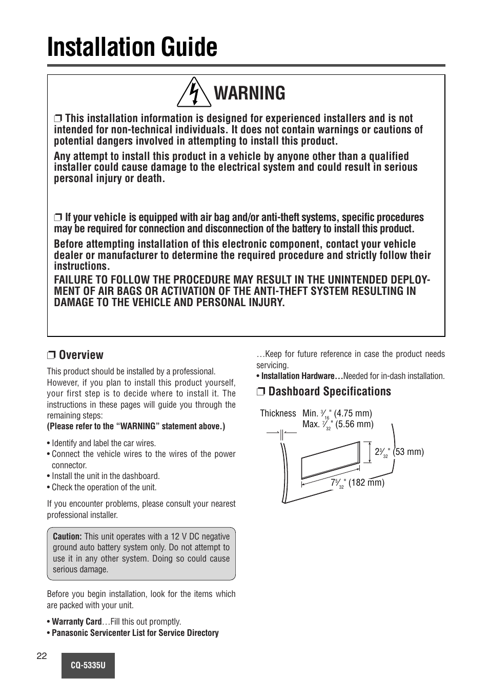 Installation guide, Warning, Overview | Dashboard specifications | Panasonic CQ-5335U User Manual | Page 22 / 32