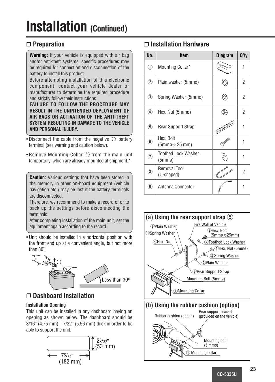 Installation, Continued), Preparation ❐ installation hardware | Dashboard installation | Panasonic CQ-5335U User Manual | Page 23 / 32
