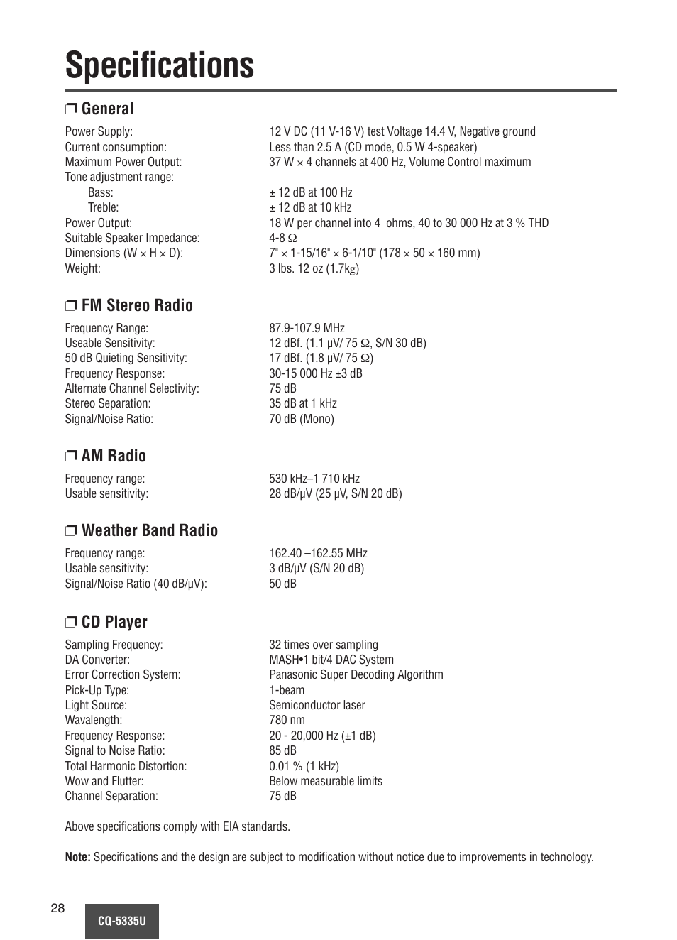 Specifications, General, Fm stereo radio | Am radio, Weather band radio, Cd player | Panasonic CQ-5335U User Manual | Page 28 / 32