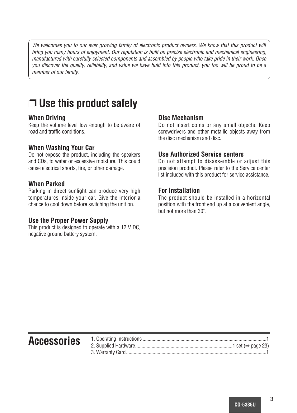 Use this product safely, Accessories | Panasonic CQ-5335U User Manual | Page 3 / 32