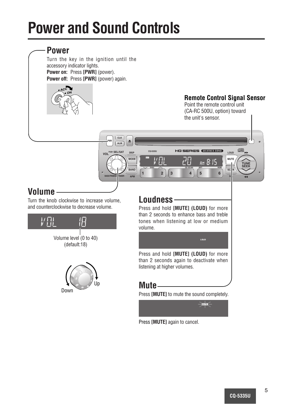 Power and sound controls, Power, Volume | Mute, Loudness, Remote control signal sensor, Press [mute] to mute the sound completely | Panasonic CQ-5335U User Manual | Page 5 / 32