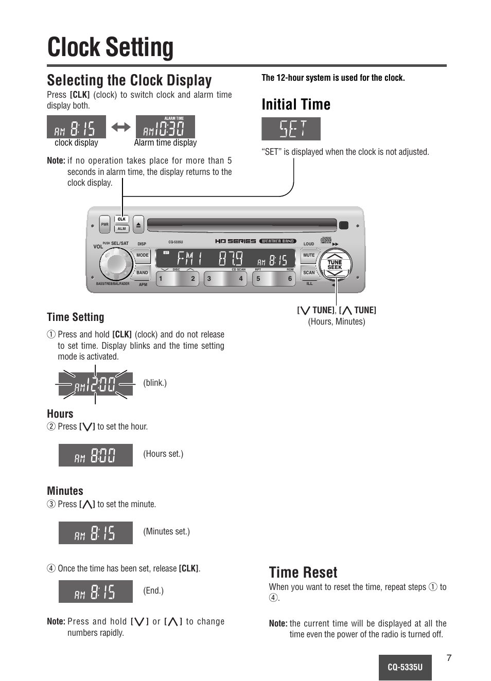 Clock setting, Initial time, Selecting the clock display | Time reset, Time setting, Hours minutes | Panasonic CQ-5335U User Manual | Page 7 / 32