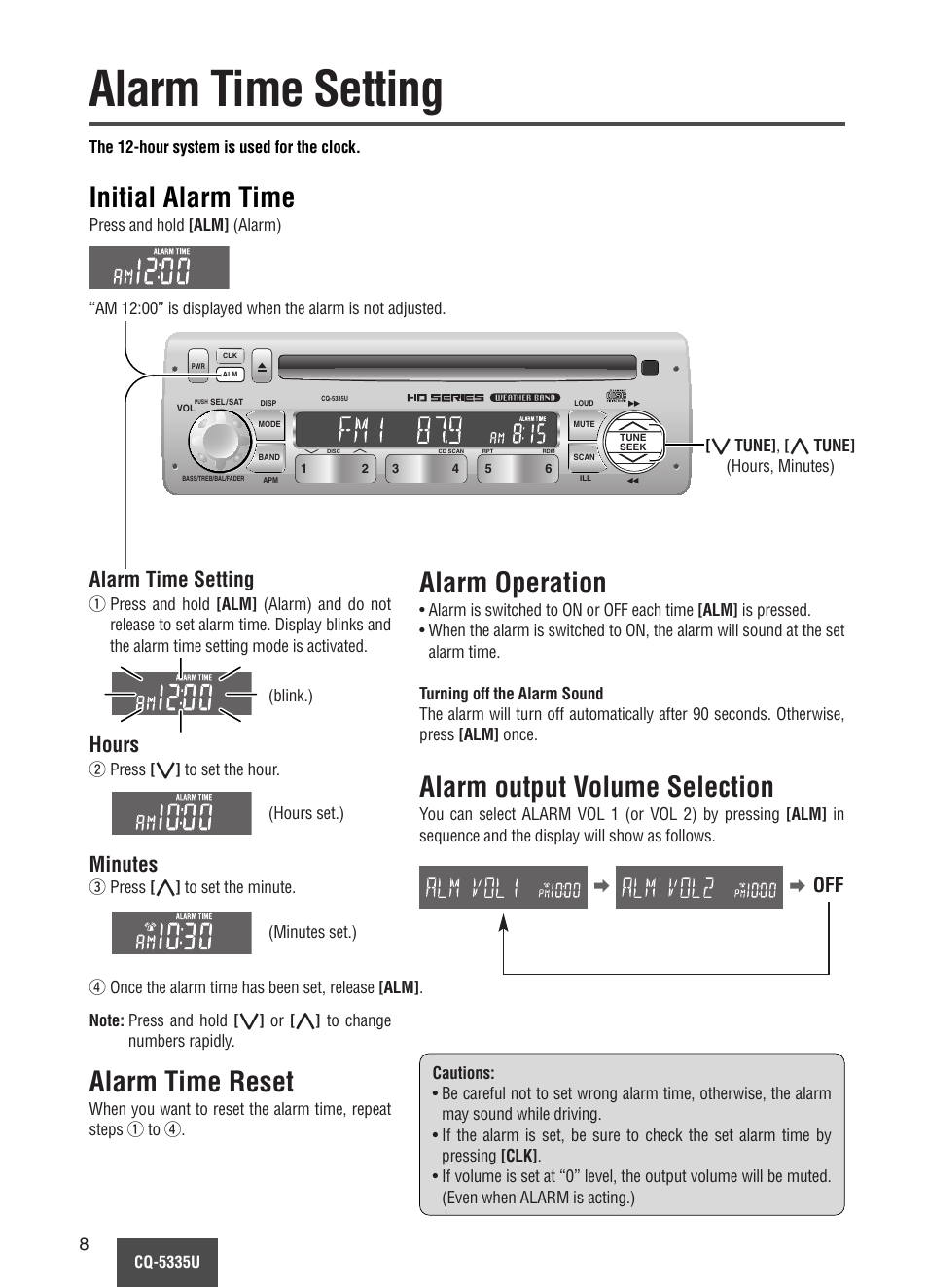 Alarm time setting, Initial alarm time, Alarm time reset | Alarm operation, Alarm output volume selection, Alarm time setting hours minutes | Panasonic CQ-5335U User Manual | Page 8 / 32