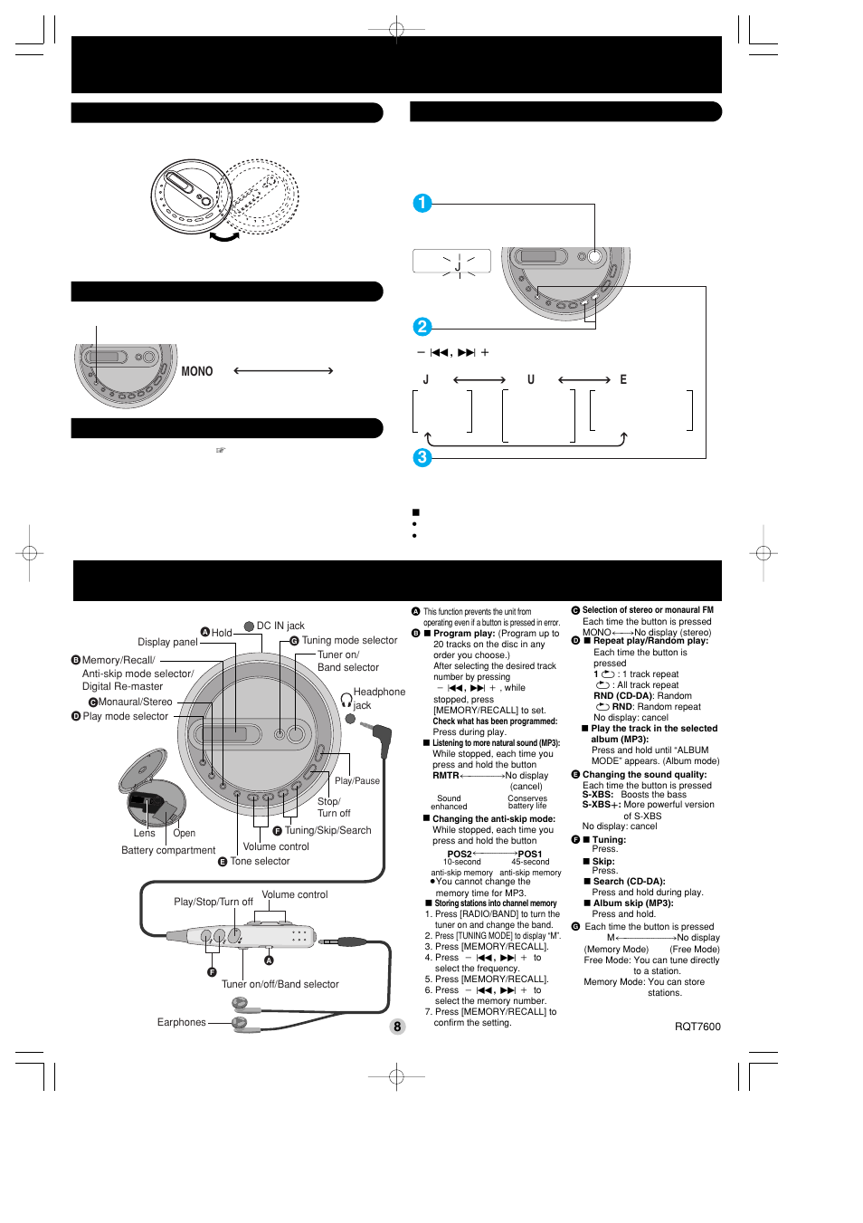P8 english control guide, Mono 8, Ju e | Panasonic RQT7600-S User Manual | Page 8 / 8