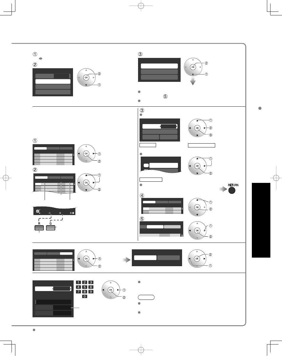 Advanced, Editing and setting channels, Select “ant in | Select “auto, Select a scanning mode, Edit, Move cursor to channel number, Select “apply, Select “edit, Select the item to be edited | Panasonic N2QAYB000221 User Manual | Page 33 / 50