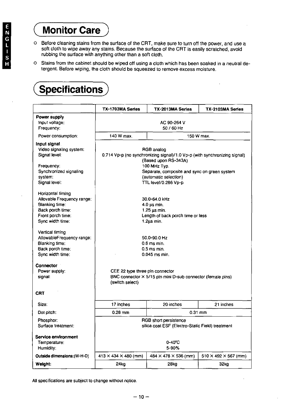 Monitor care, Specifications | Panasonic TX-2103MA User Manual | Page 12 / 56