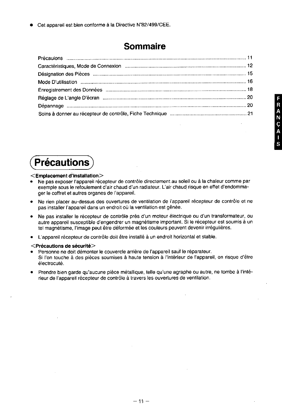 Emplacement d’installation, Précautions de sécurité, Sommaire | Précautions | Panasonic TX-2103MA User Manual | Page 13 / 56