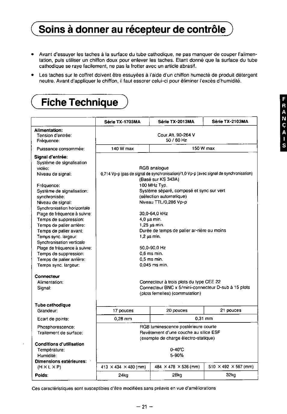 Soins à donner au récepteur de contrôle, Fiche technique | Panasonic TX-2103MA User Manual | Page 23 / 56