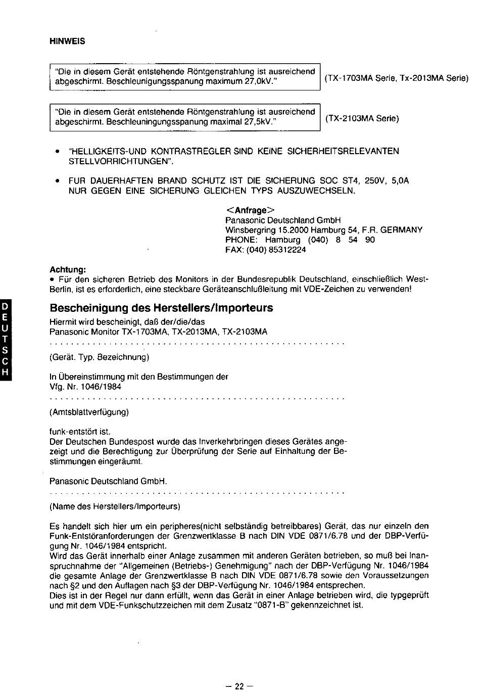 Bescheinigung des herslellers/importeurs | Panasonic TX-2103MA User Manual | Page 24 / 56