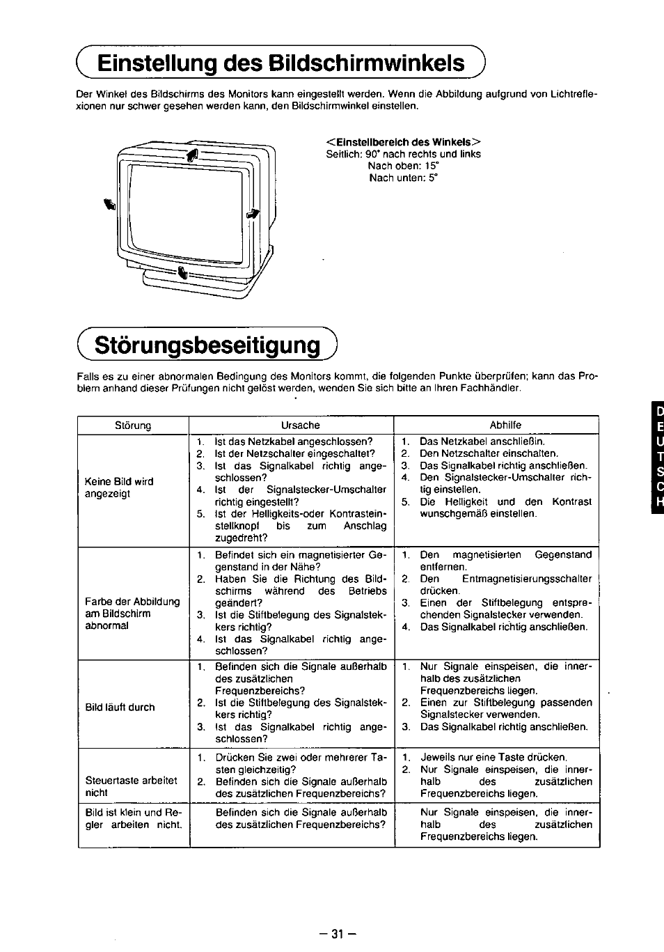 Einstellung des bildschirmwinkels, Störungsbeseitigung | Panasonic TX-2103MA User Manual | Page 33 / 56