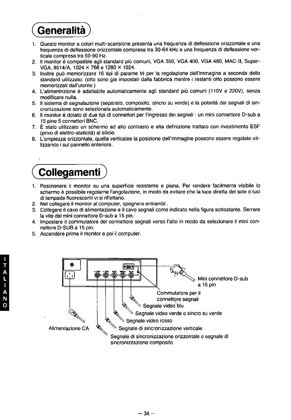 Generalità, Collegamenti | Panasonic TX-2103MA User Manual | Page 36 / 56