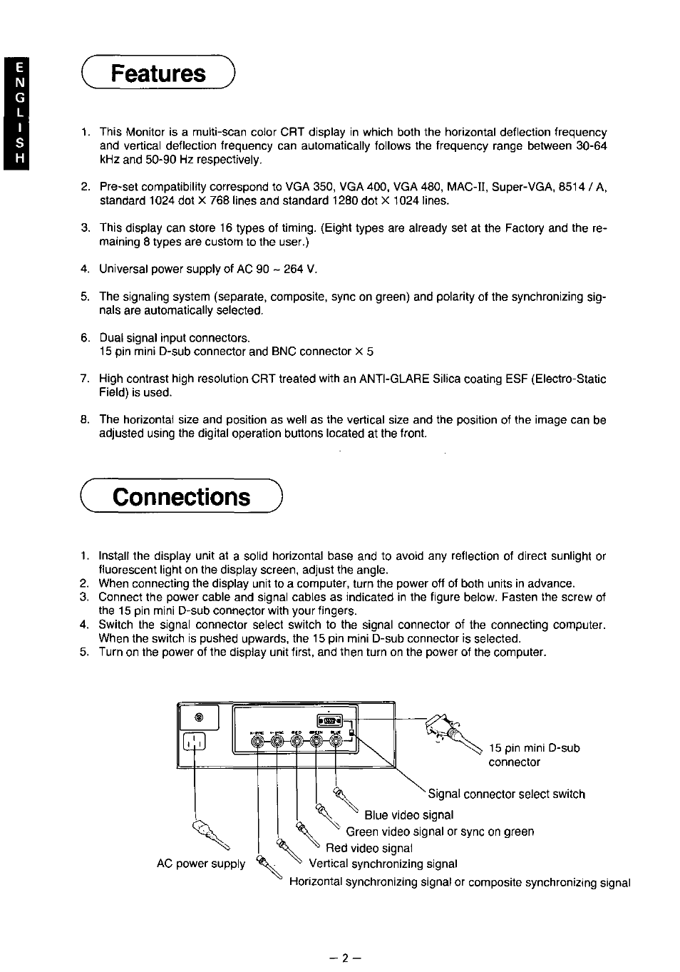 Features, Connections | Panasonic TX-2103MA User Manual | Page 4 / 56