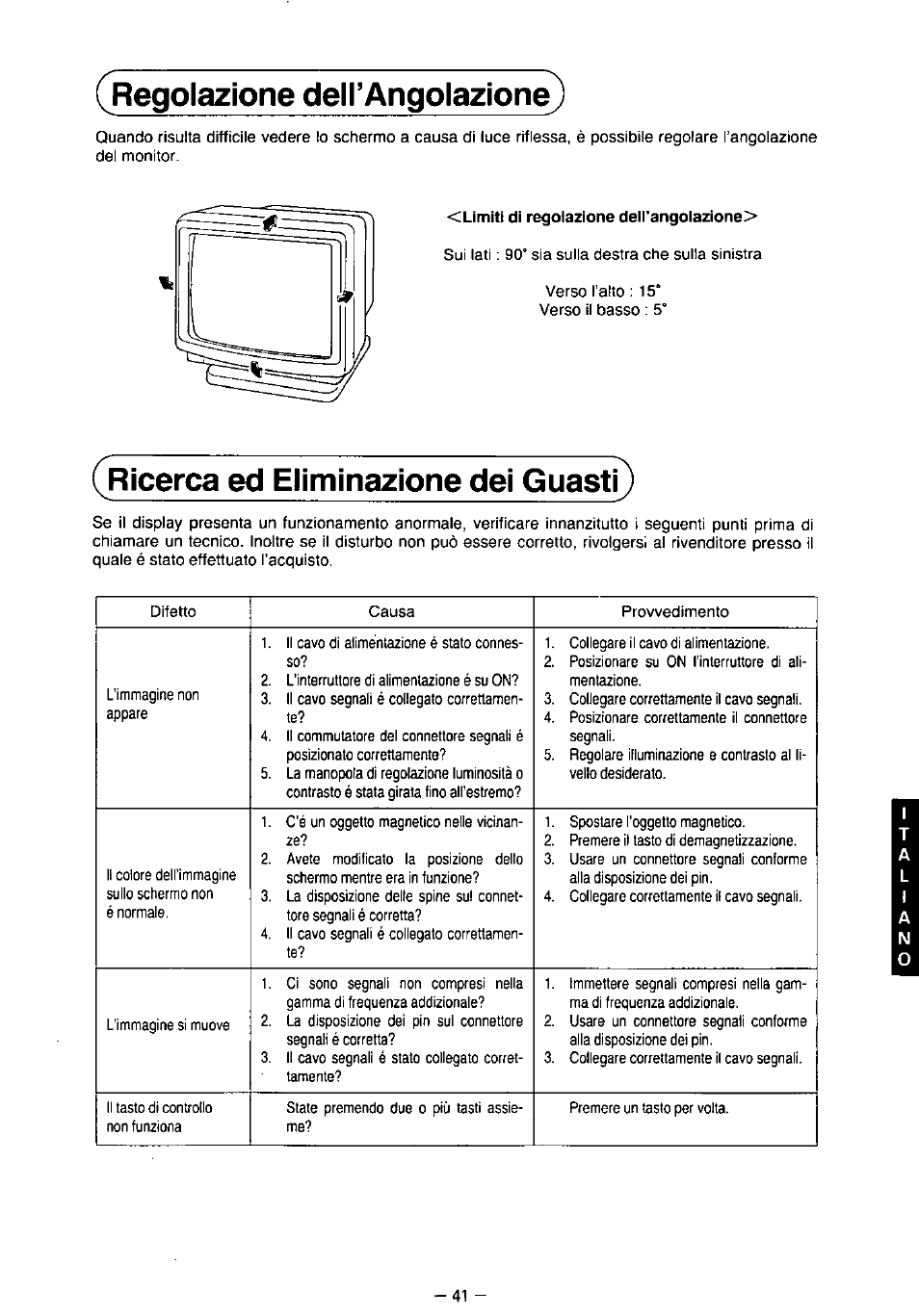 Limiti di regolazione deh'angolazione, Regolazione dell’angolazione, Ricerca ed eliminazione dei guasti | Panasonic TX-2103MA User Manual | Page 43 / 56