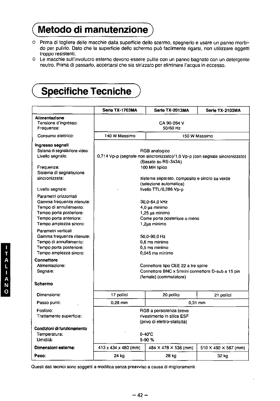 Metodo di manutenzione, Specifiche tecniche | Panasonic TX-2103MA User Manual | Page 44 / 56