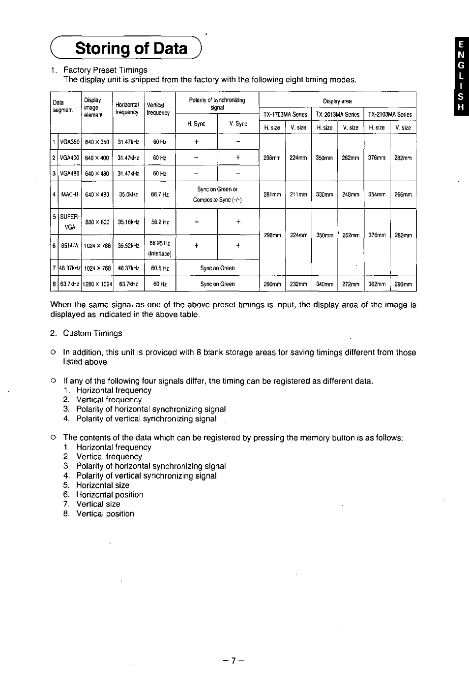 Storing of data | Panasonic TX-2103MA User Manual | Page 9 / 56