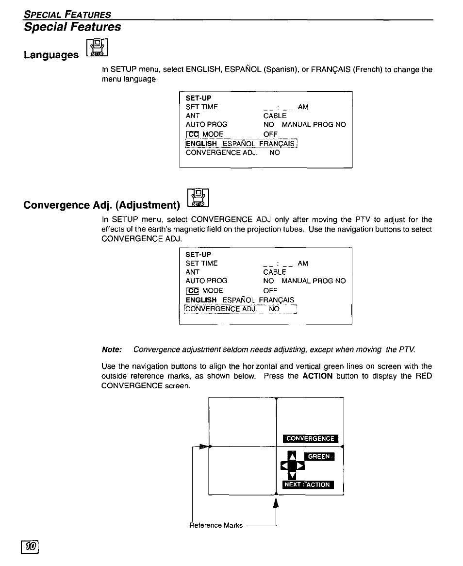 Special features, Languages, Convergence adj. (adjustment) | Convergence adjustment | Panasonic PT 51G44 User Manual | Page 12 / 36