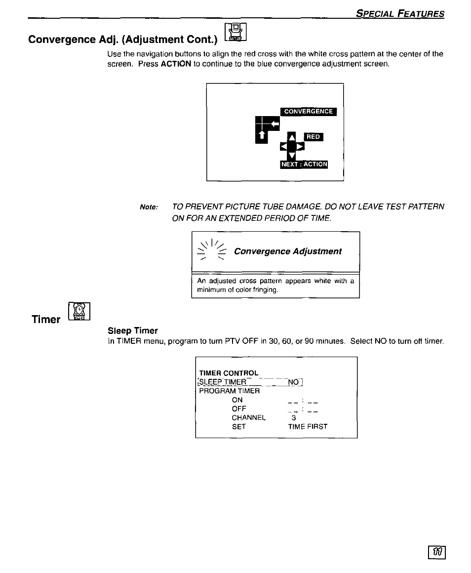 Convergence adj. (adjustment cont.), Convergence adj. (adjustment cont.) timer | Panasonic PT 51G44 User Manual | Page 13 / 36