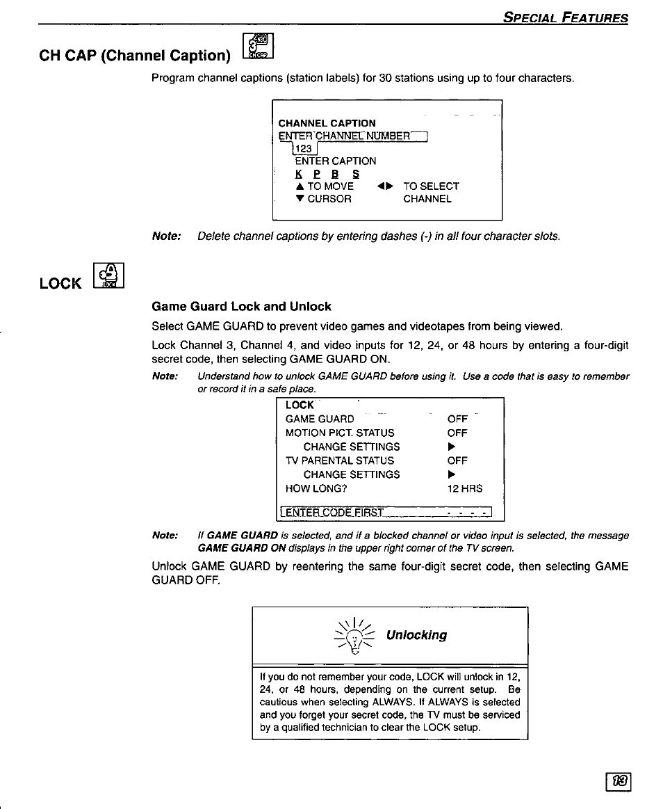 Ch cap (channel caption), E 1 s, Lock | Game guard lock and unlock, Ch cap (channel caption) lock | Panasonic PT 51G44 User Manual | Page 15 / 36