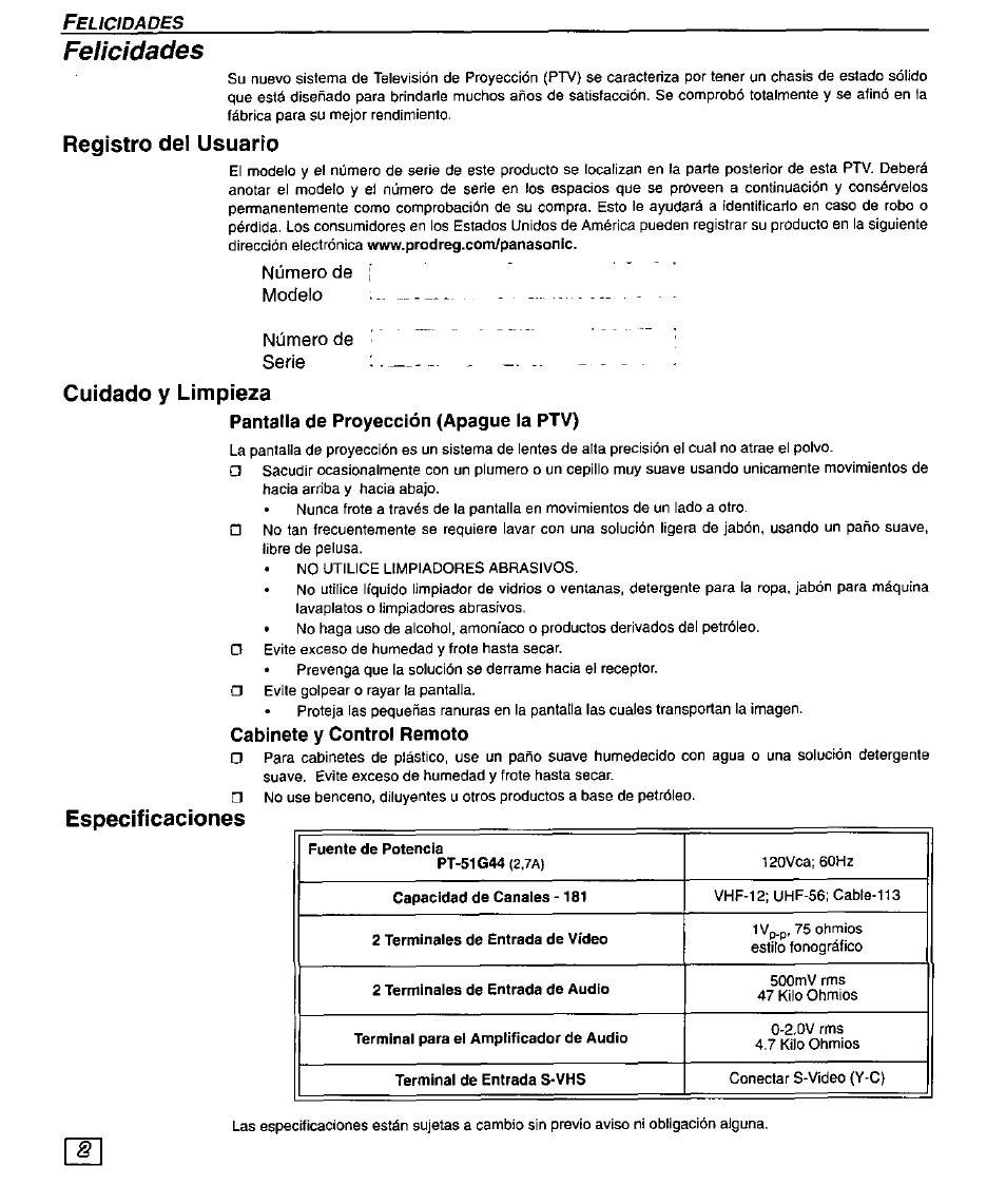 Pantalla de proyección (apague la ptv), Gabinete y control remoto, Felicidades | Registro del usuario, Cuidado y limpieza, Especificaciones | Panasonic PT 51G44 User Manual | Page 22 / 36