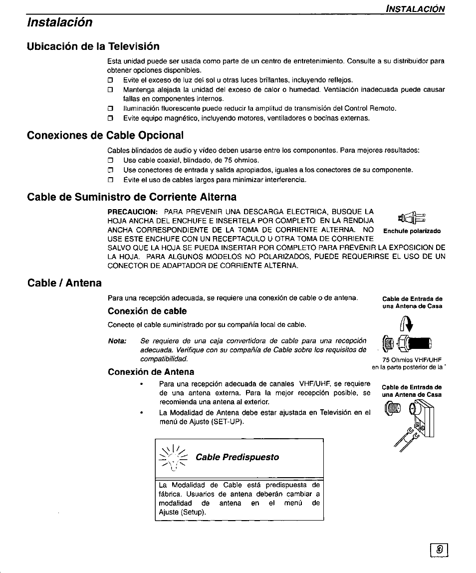 Instalación, Ubicación de la televisión, Conexiones de cable opcional | Cable de suministro de corriente alterna, Cable / antena, Conexión de cable, Conexión de antena, Installation, Ínstalación | Panasonic PT 51G44 User Manual | Page 23 / 36