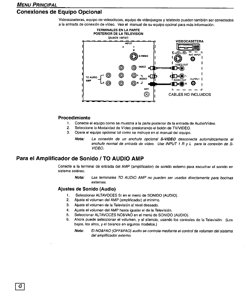 Conexiones de equipo opcionai, Procedimiento, Para ei ampiificador de sonido / to audio amp | Ajustes de sonido (audio), Conexiones de equipo opcional | Panasonic PT 51G44 User Manual | Page 24 / 36
