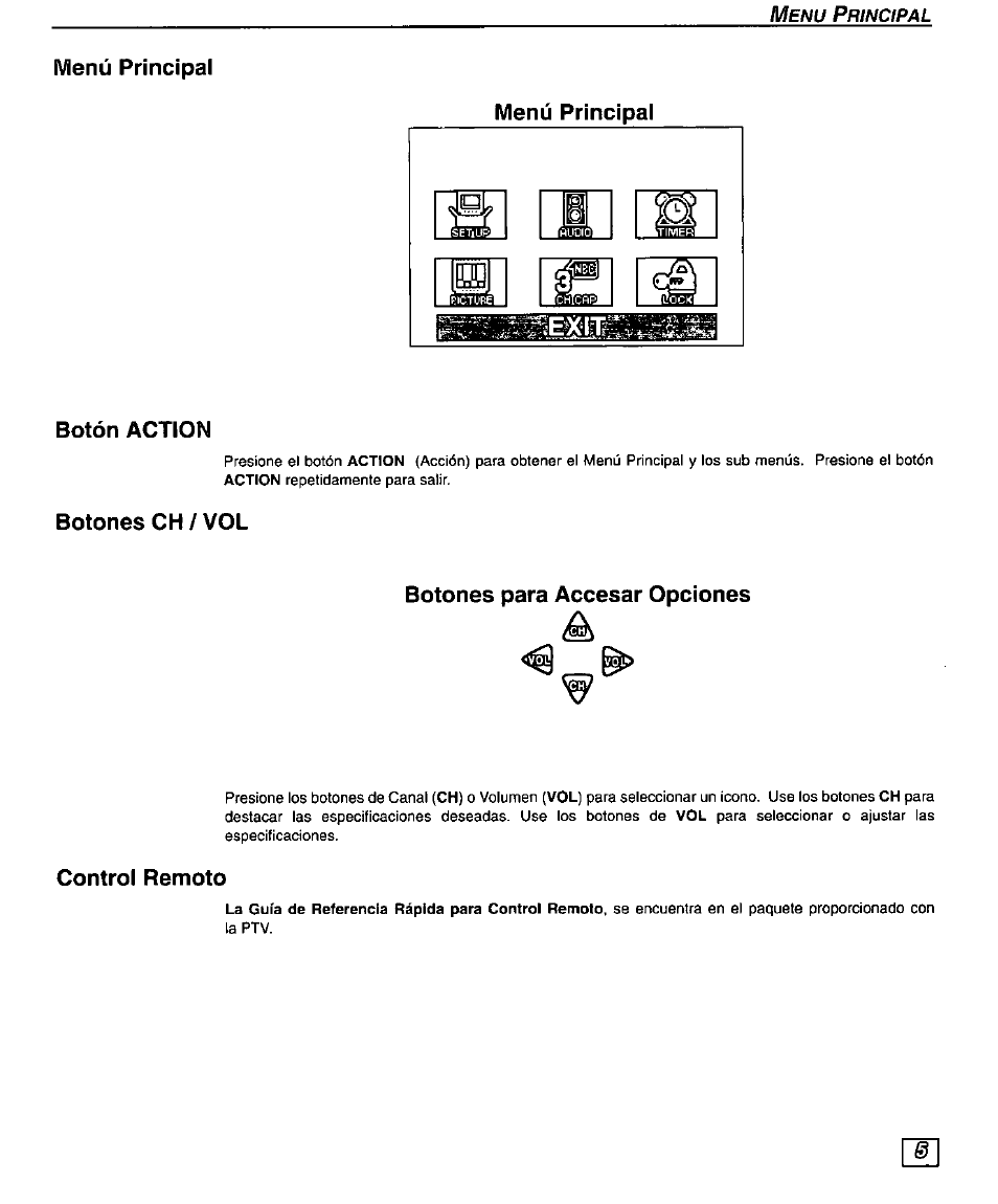 Menú principal, Menü principal, Botón action | Botones ch/vol, Botones para accasar opciones, Control remoto, Botón action botones c h / v o l | Panasonic PT 51G44 User Manual | Page 25 / 36