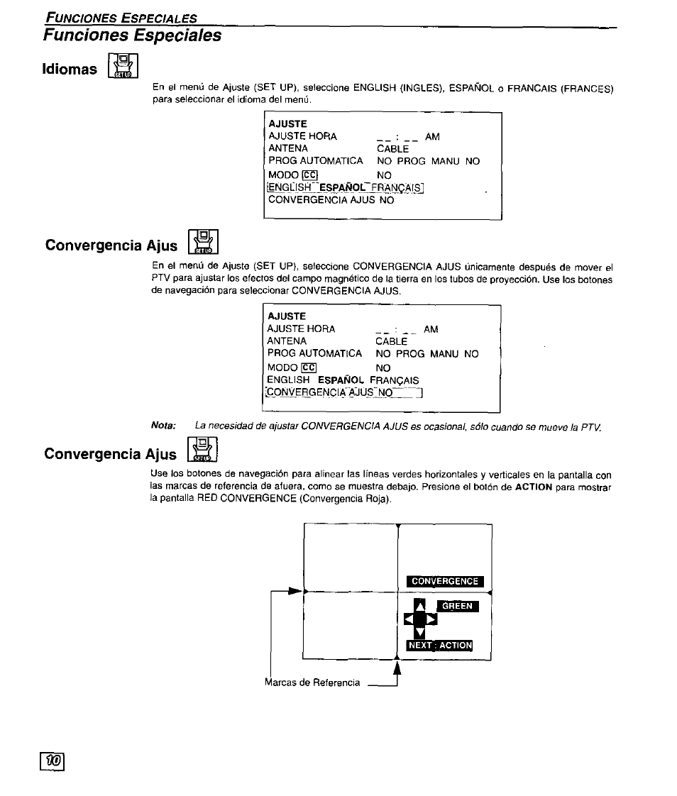 Funciones especiales, Idiomas, Convergencia ajus | Convergencia ajuste | Panasonic PT 51G44 User Manual | Page 30 / 36