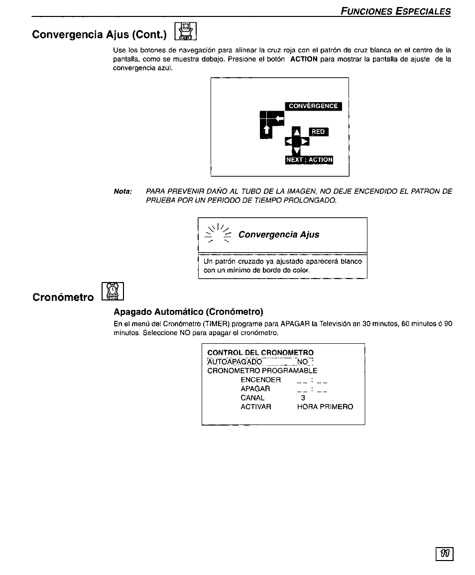 Convergencia ajus (cont.), Cronómetro, Apagado automático (cronómetro) | Panasonic PT 51G44 User Manual | Page 31 / 36