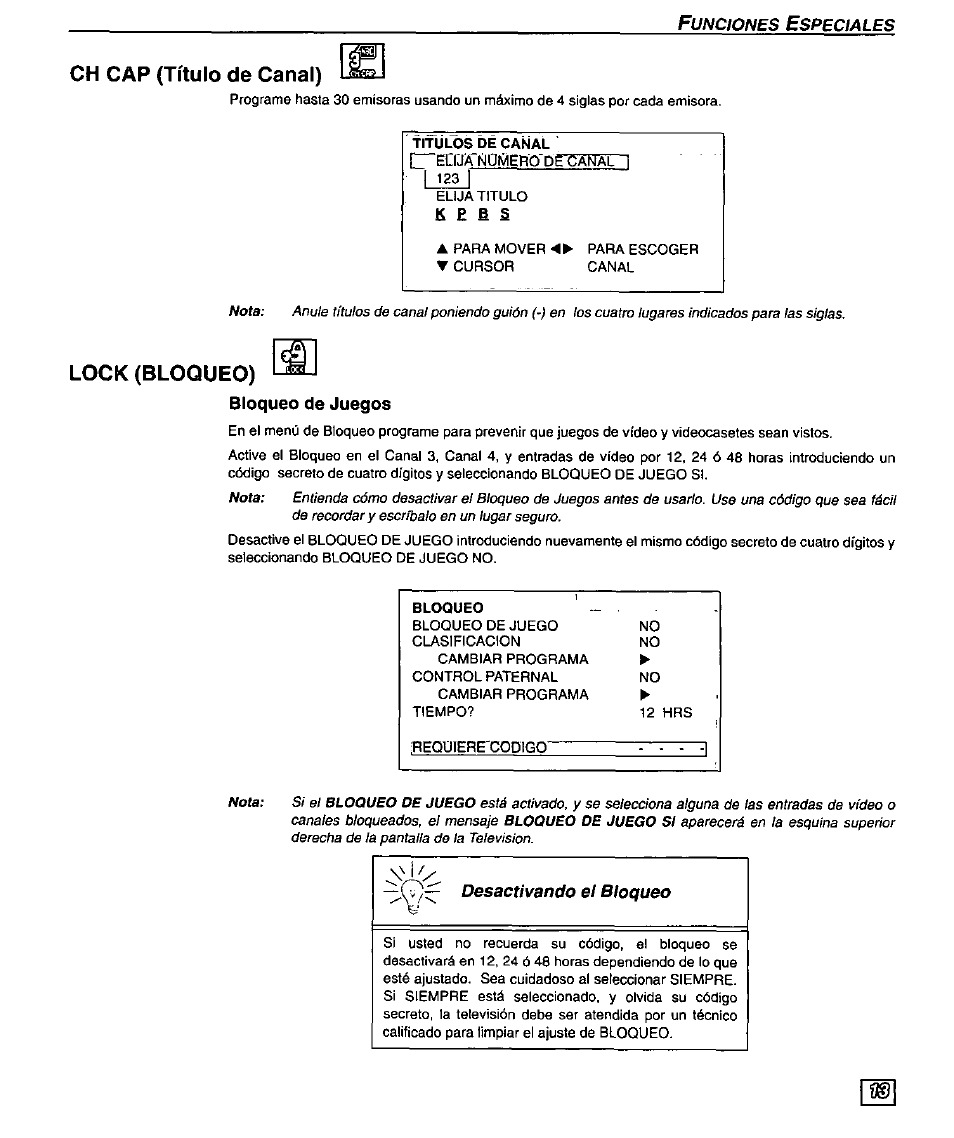 Ch cap (título de canal), Lock (bloqueo), Bloqueo de juegos | Panasonic PT 51G44 User Manual | Page 33 / 36