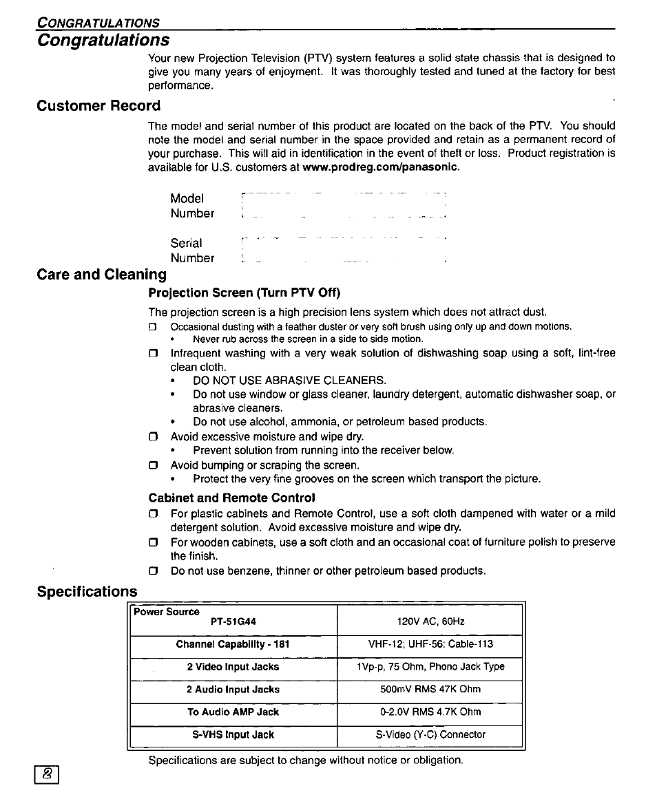 Congratulations, Customer record, Care and cleaning | Projection screen (turn ptv off), Cabinet and remote control, Specifications | Panasonic PT 51G44 User Manual | Page 4 / 36