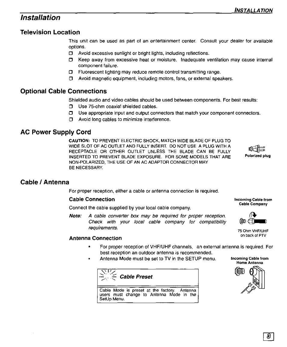 Instaflation, Television location, Optional cable connections | Ac power supply cord, Cable/antenna, Cable connection, Antenna connection, Optional equipment connections, V. f | Panasonic PT 51G44 User Manual | Page 5 / 36