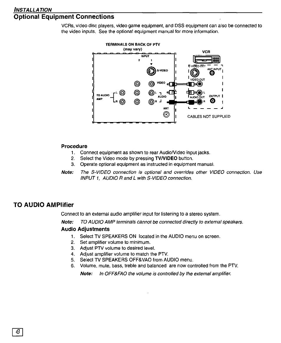 Optional equipment connections, Procedure, To audio amplifier | Audio adjustments, Optional cable connections, To audio amplifier audio adjustments | Panasonic PT 51G44 User Manual | Page 6 / 36