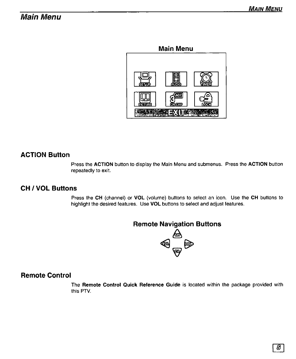 Main menu, Action button, Ch / vol buttons | Remote navigation buttons, Remote control, Action button c h / v o l buttons | Panasonic PT 51G44 User Manual | Page 7 / 36