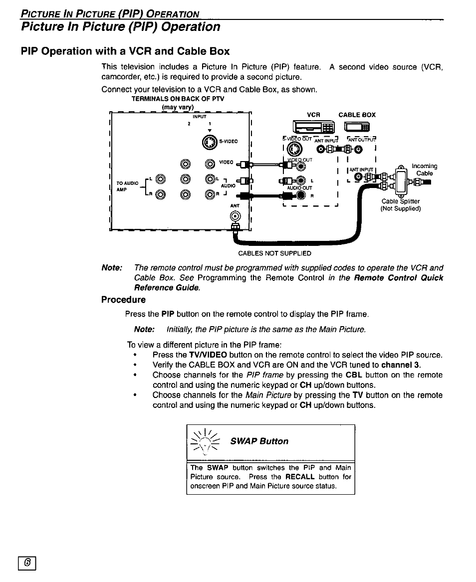 Picture in picture (pip) operation, Pip operation with a vcr and cable box, Procedure | Panasonic PT 51G44 User Manual | Page 8 / 36