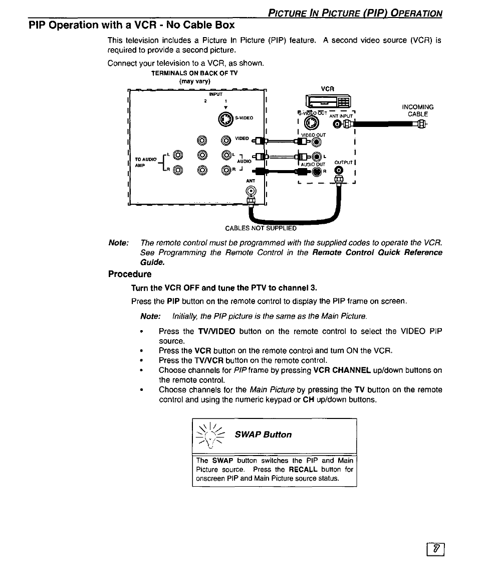 Pip operation with a vcr - no cable box, Procedure | Panasonic PT 51G44 User Manual | Page 9 / 36