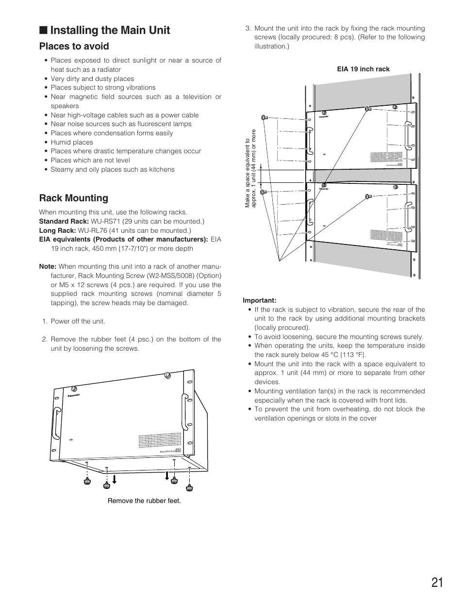Installing the main unit, Places to avoid, Rack mounting | Panasonic WJ-SX650 User Manual | Page 21 / 98